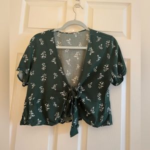 Pacsun Tie-Front Top Green with White Flowers